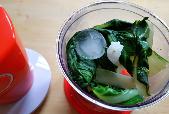 chard leaves with ice and olive oil in blender