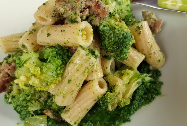 Sicilian Broccoli Pasta with Sausage and Chard. Organic Sicilian ancient grain pasta