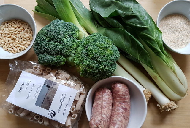 Ingredients for Sicilian Broccoli Pasta with Sausage and Chard.