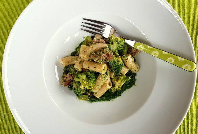 Sicilian Broccoli Pasta with Sausage and Chard. Organic Sicilian ancient grain pasta