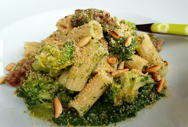 Sicilian Broccoli Pasta with Sausage and Chard. Organic Sicilian ancient grain pasta