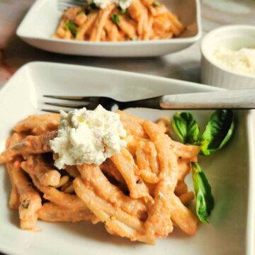 Sicilian pesto in a bowl with pasta and ricotta