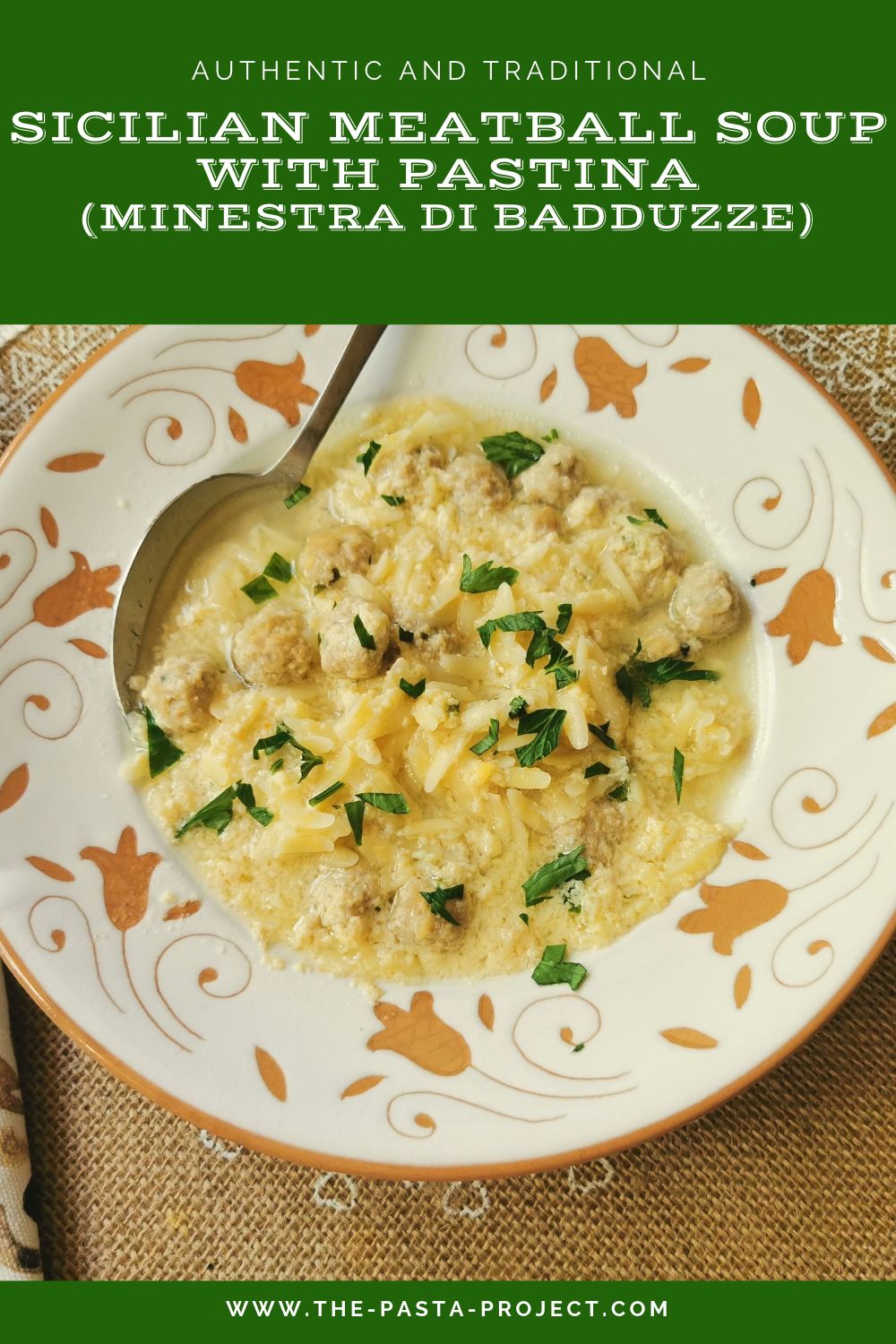 Verticle image with text for Pinterest of Sicilian meatball soup with pastina.