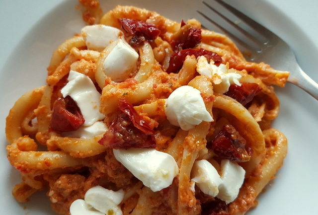 Spaccatelle pasta with Sicilian sun-dried tomato pesto and burrata