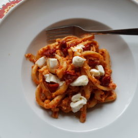 Spaccatelle pasta with Sicilian sun-dried tomato pesto and burrata