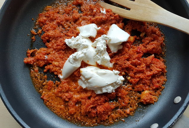 Spaccatelle pasta with Sicilian sun-dried tomato pesto and burrata