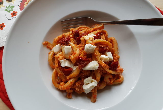 Spaccatelle pasta with Sicilian sun-dried tomato pesto and burrata