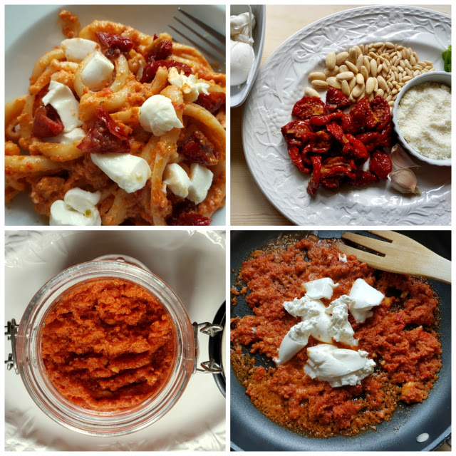 Spaccatelle pasta with sun-dried tomato pesto and burrata
