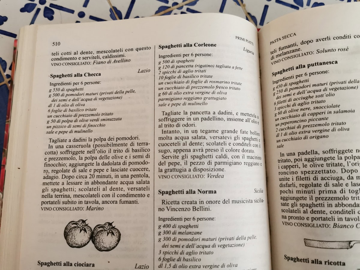 Italian cookbook with recipe for spaghetti alla checca.