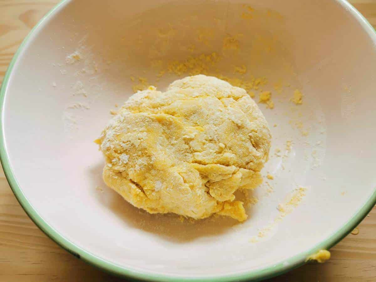 A ball of pasta dough in a large bowl.