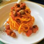 Spaghetti alla chitarra with tiny meatballs.