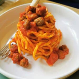 Spaghetti alla chitarra with tiny meatballs.