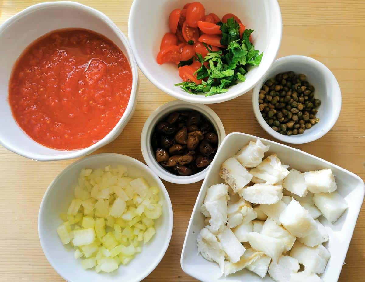 Prepared ingredients for spaghetti with salt cod