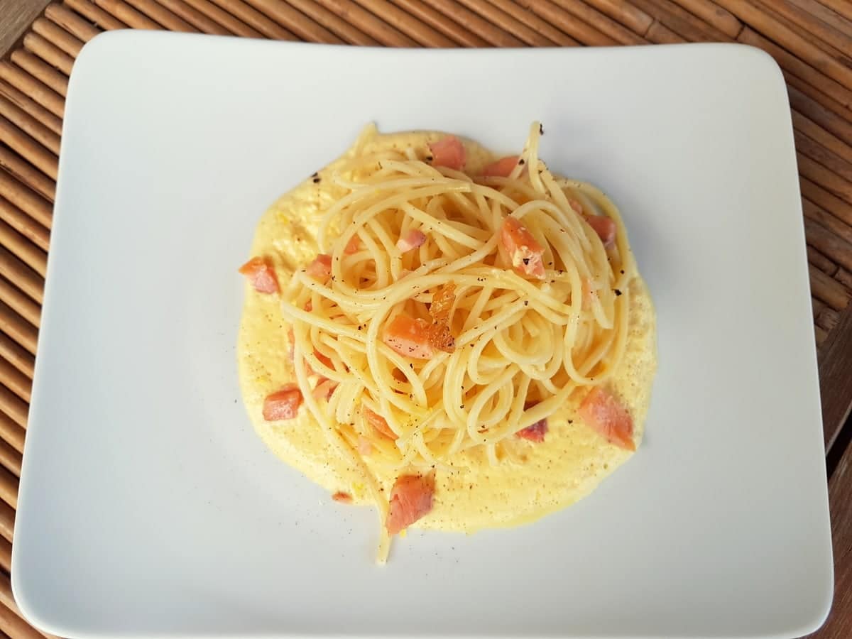 Spaghetti with smoked trout carbonara.