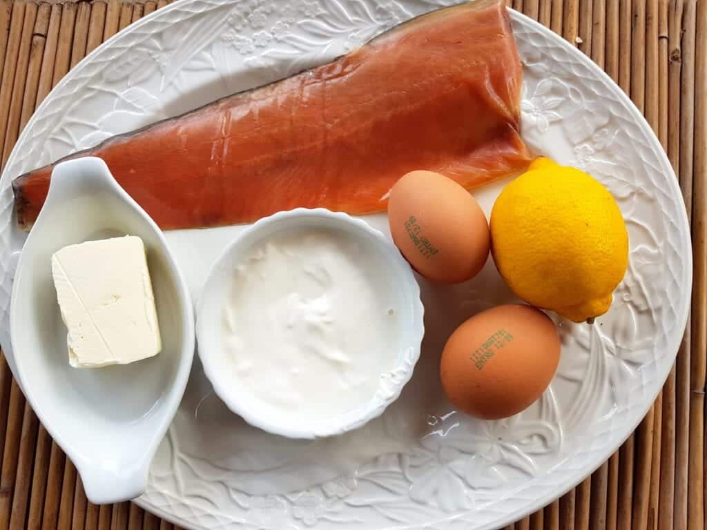 ingredients for smoked trout carbonara on white plate