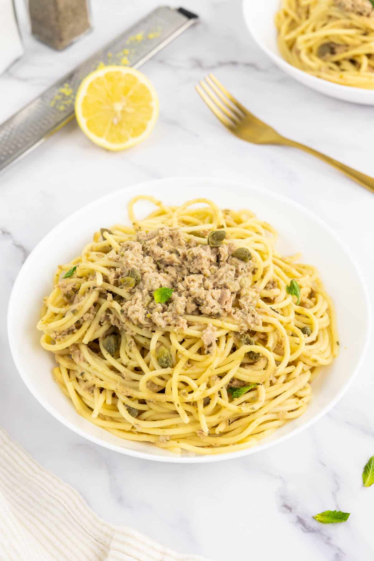 Two bowls of canned tuna with spaghetti