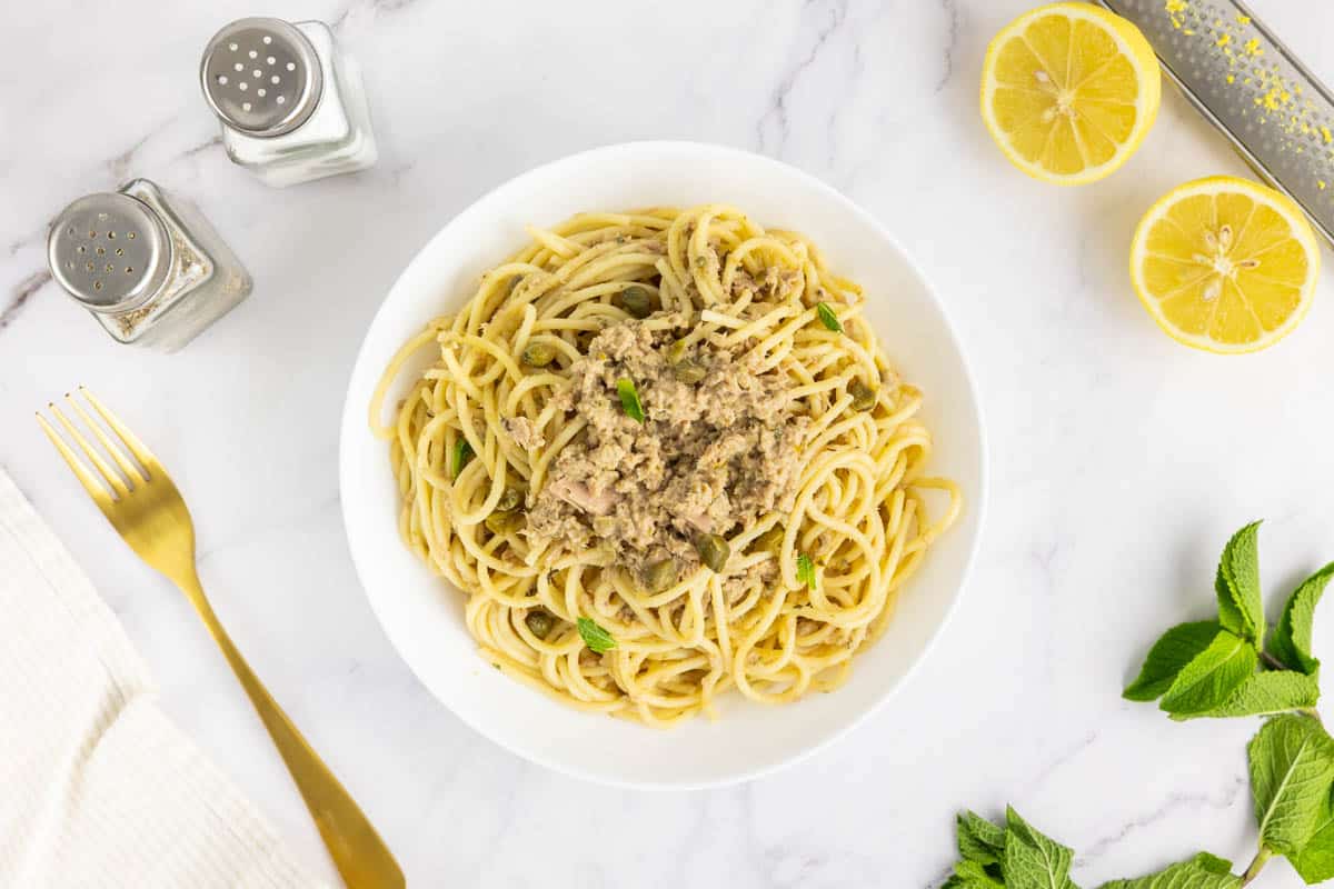 Canned tuna pasta in a bowl