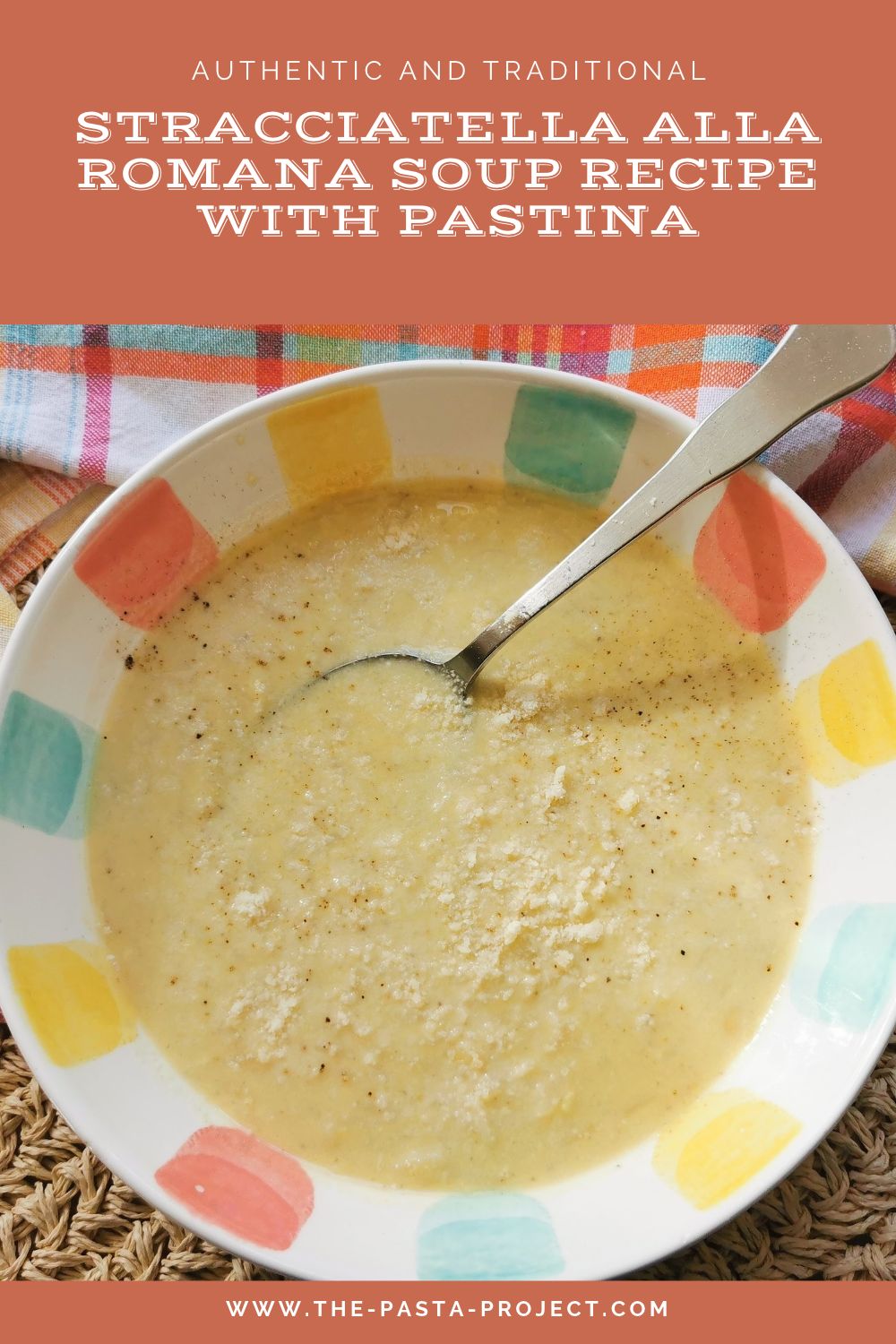Verticle image with text for Pinterest of Italian stracciatella alla Romana soup recipe with pastina.