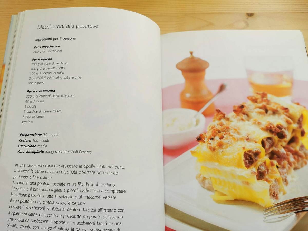 Italian cookbook with maccheroni alla pesarese recipe