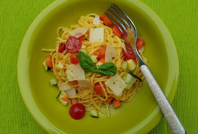 summer tagliolini with marinated vegetables