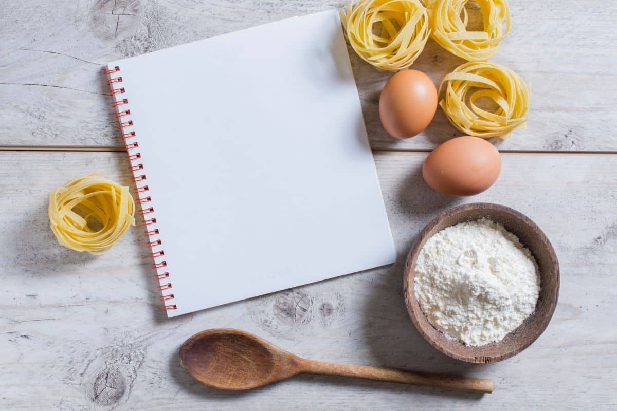 Tagliatelle ingredients on a kitchen countertop.