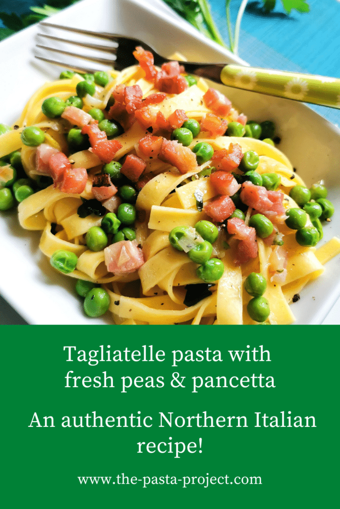Tagliatelle pasta with fresh peas and pancetta; recipe from