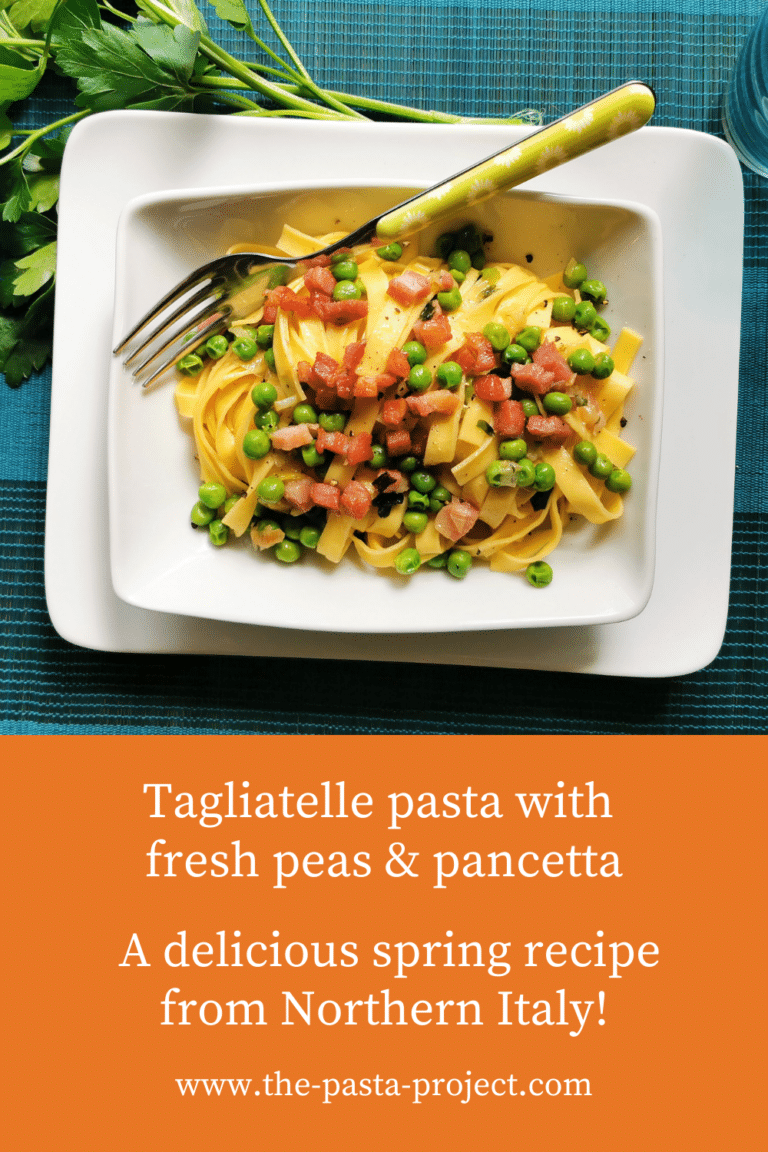 Tagliatelle pasta with fresh peas and pancetta; recipe from