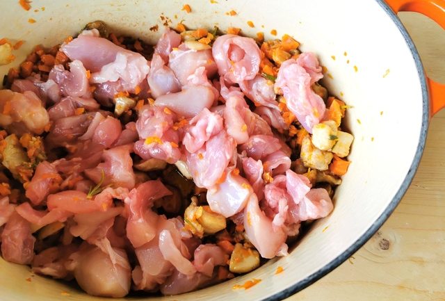 rabbit meat in Dutch oven with carrots, porcini, garlic and rosemary