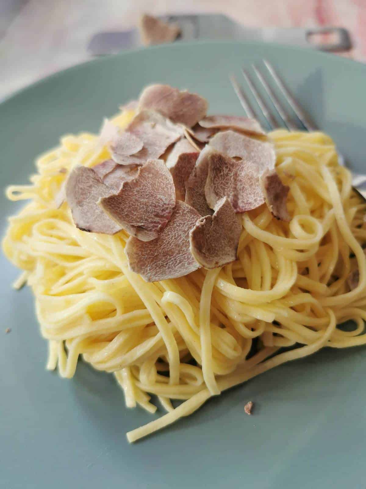 Tagliolini with white truffle shavings.