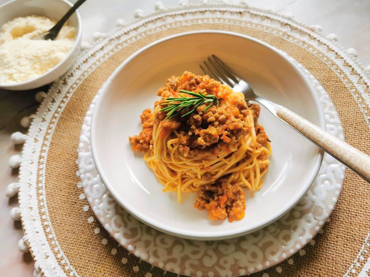 Tajarin pasta with beef sausage ragu.