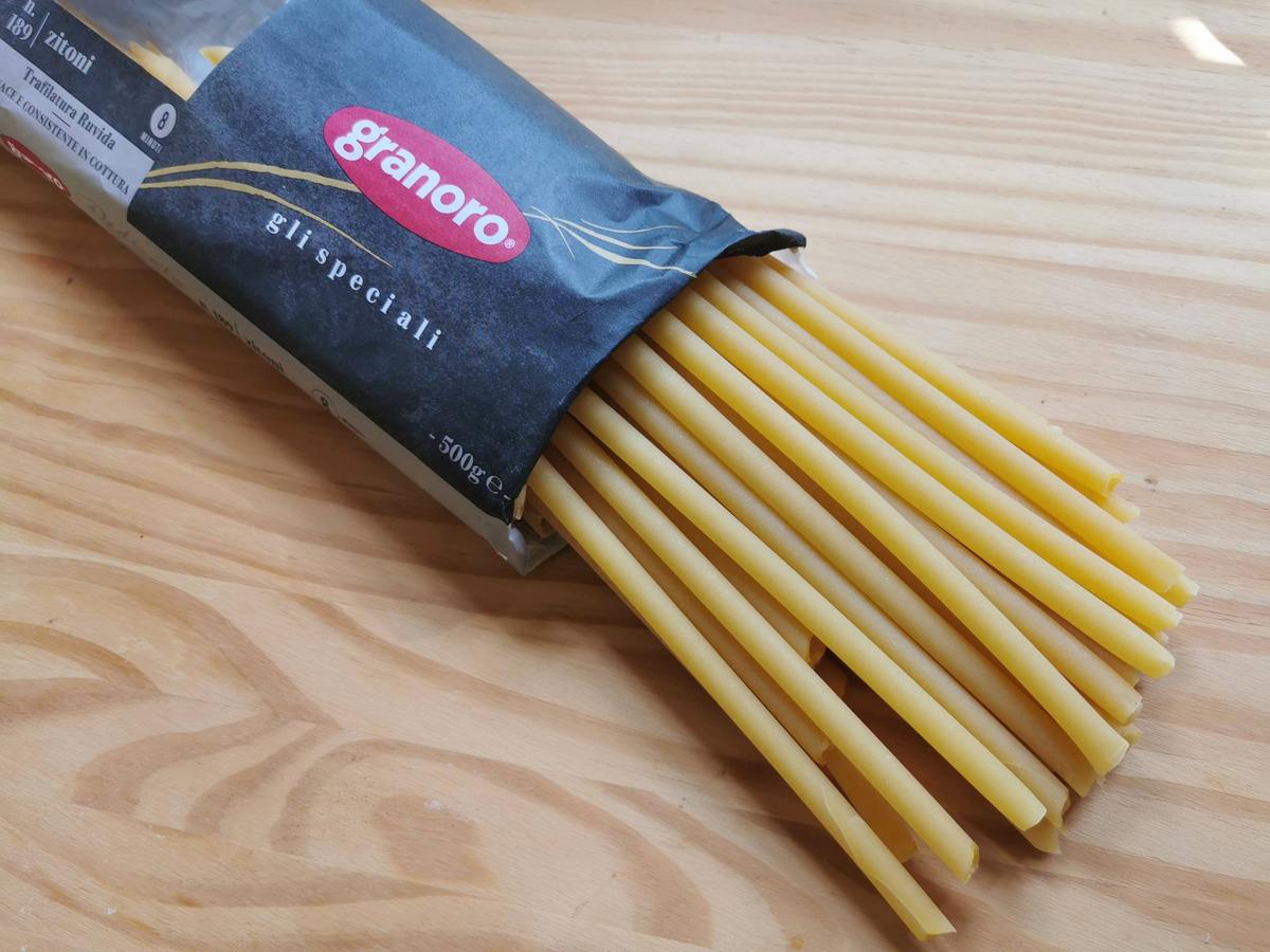 Dried zitoni from Granoro on wood work top.