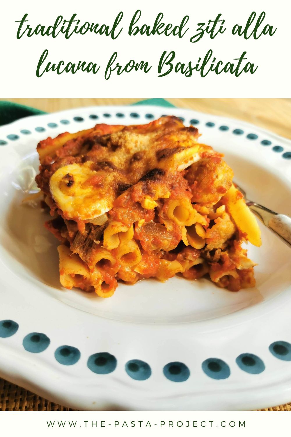 Pinterest image with text for traditional baked ziti alla Lucana from Basilicata.