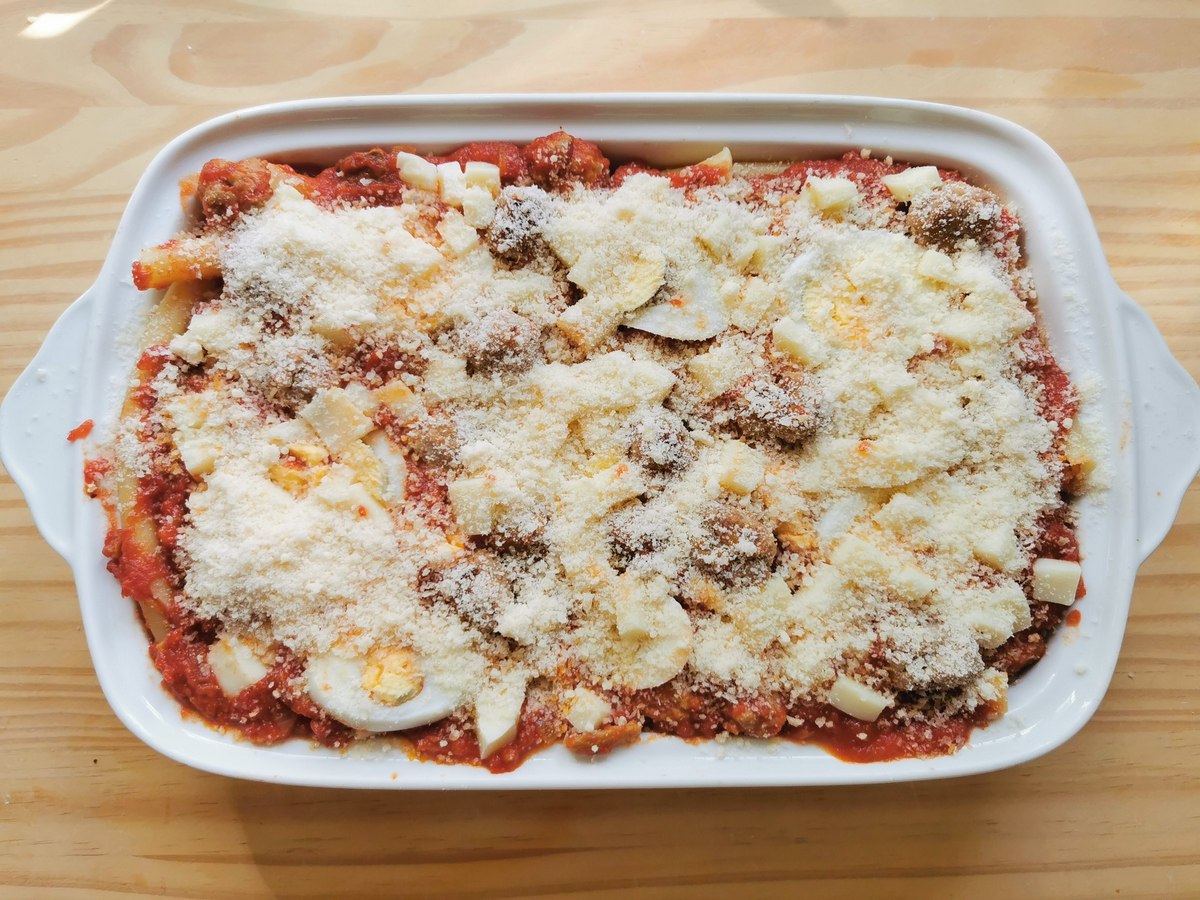 Baked ziti alla lucana ready to go in the oven.