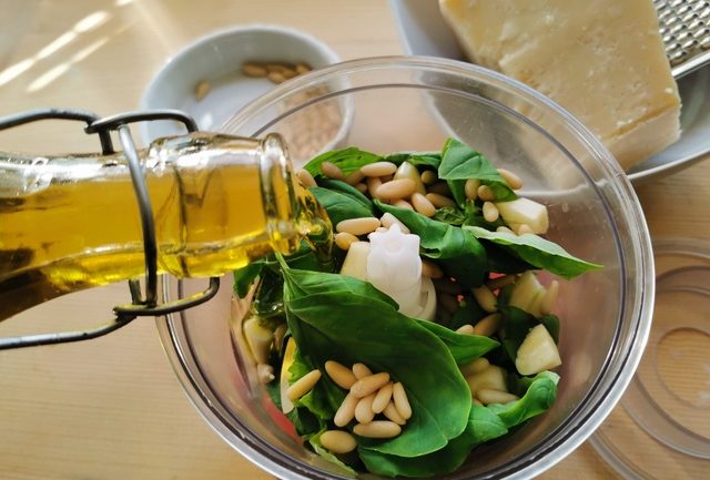 ingredients for basil pesto in food processor