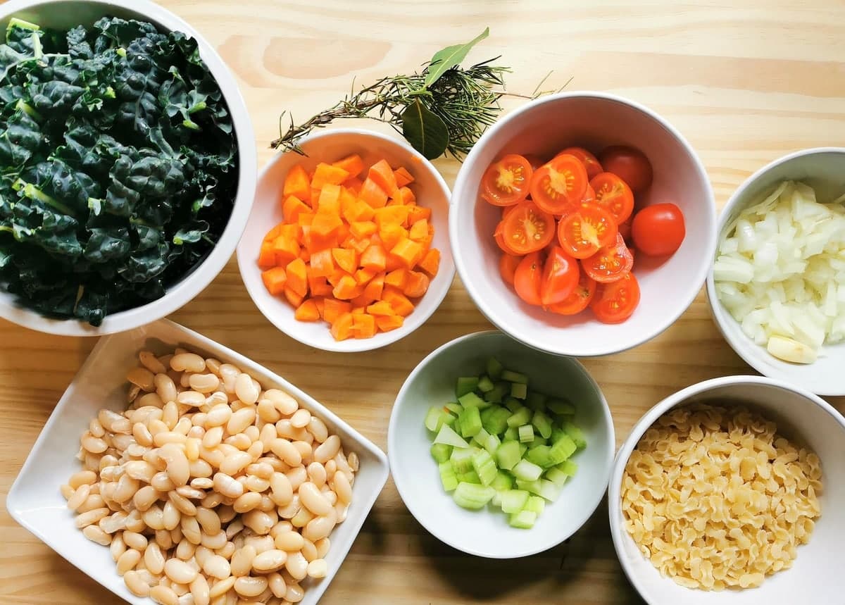 ingredients in Tuscan kale and white bean soup.