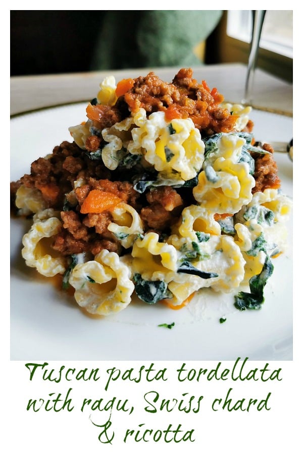 Tuscan pasta tordellata with ragu, Swiss chard and ricotta