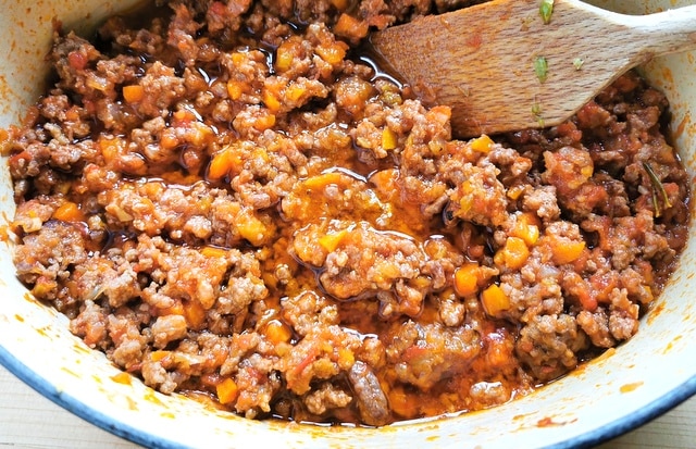 cooked Tuscan ragu in Dutch oven