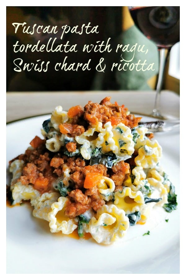 Tuscan pasta tordellata with ragu, Swiss chard and ricotta