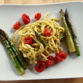 Tuscan pici pasta all'etrusca with asparagus