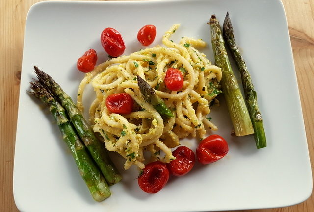 Tuscan pici pasta all'etrusca with asparagus