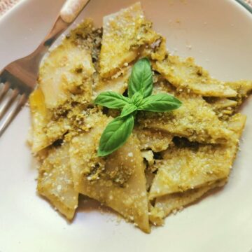 Tuscan testaroli pancake pasta with pesto.
