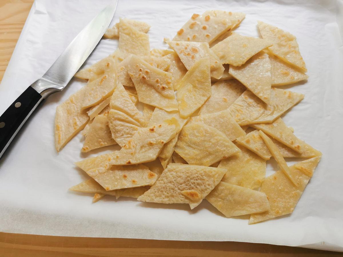 Step 4. Testaroli pasta pancake cut into diamond shapes.