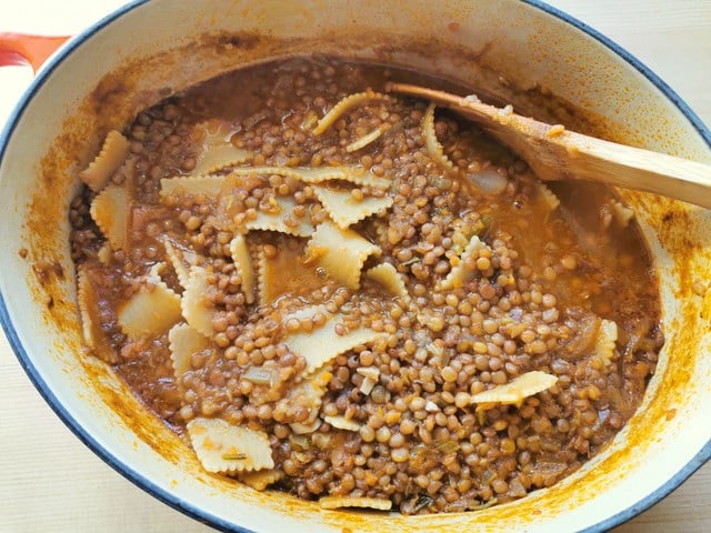 Umbrian lentil soup with pasta ready in Dutch oven