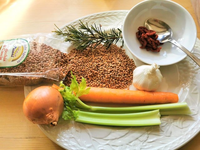 ingredients for Umbrian lentil soup on white plate