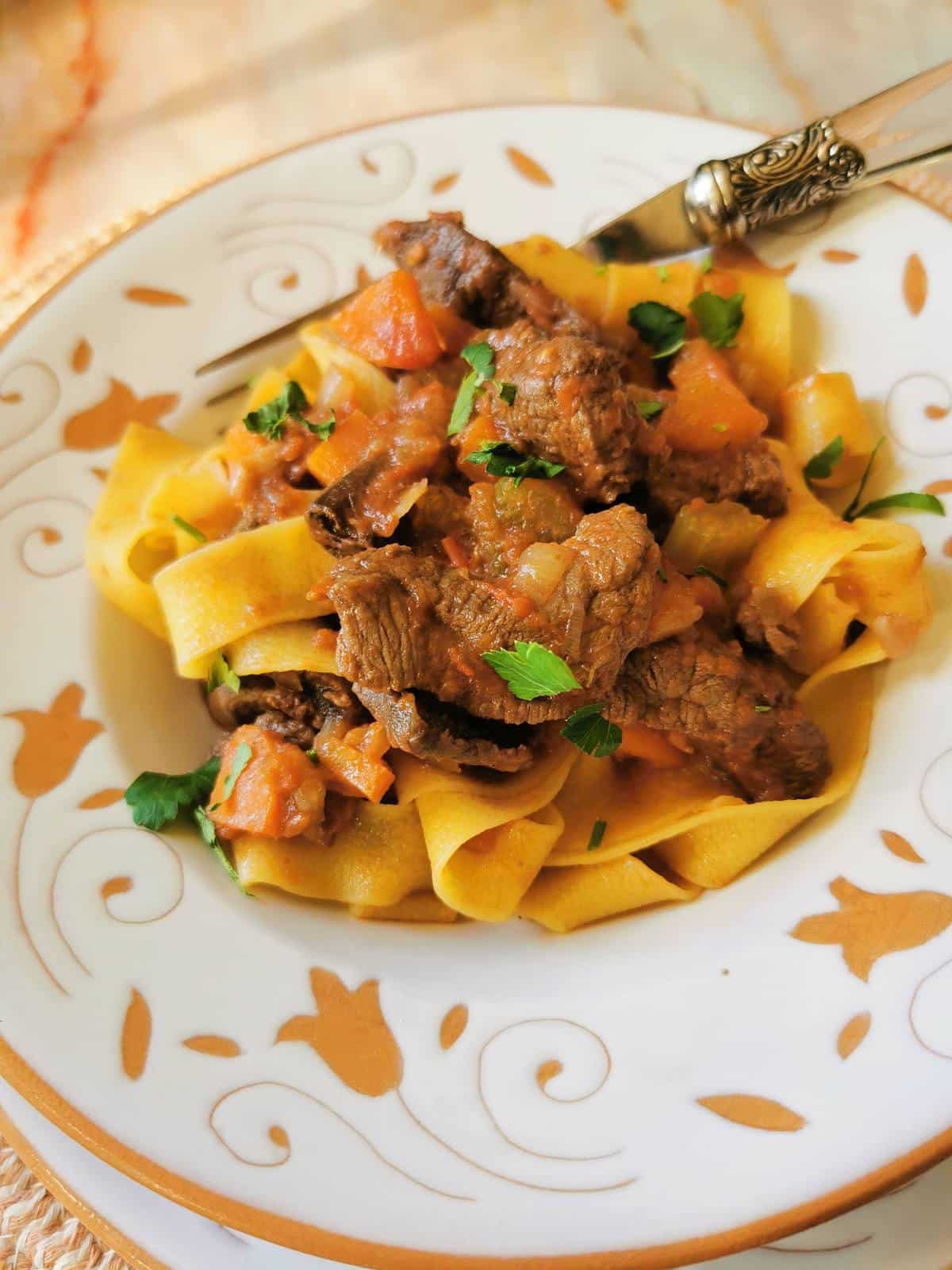 Venison ragu with pasta and a fork.