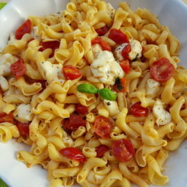 Warm Pasta Caprese with Torchio pasta