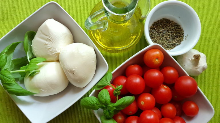 ingredients for warm pasta Caprese with torchio pasta