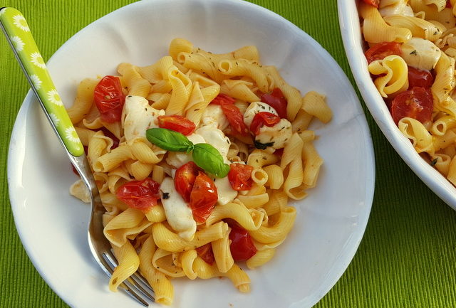 Warm Pasta Caprese with Torchio pasta