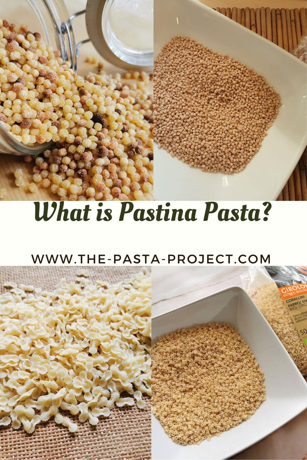 Different types of Italian pastina pasta in long collage image.