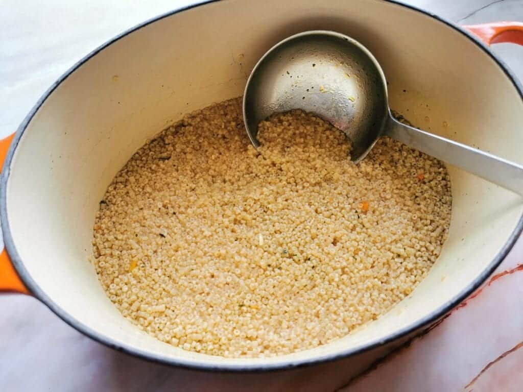 corallini pasta in Dutch oven with vegetable broth.